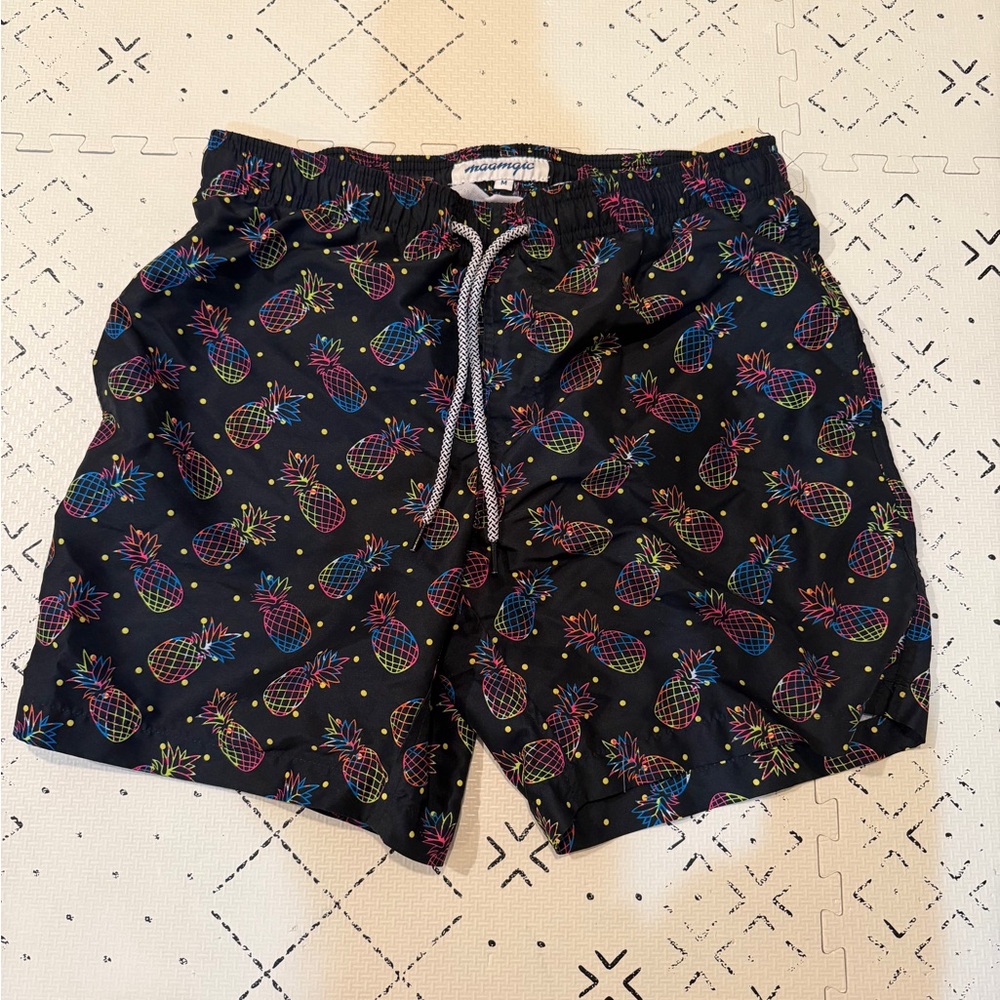 Maamgic Swim Trunks Shorts Mens M Black Pineapple‎ Print Mesh Lined